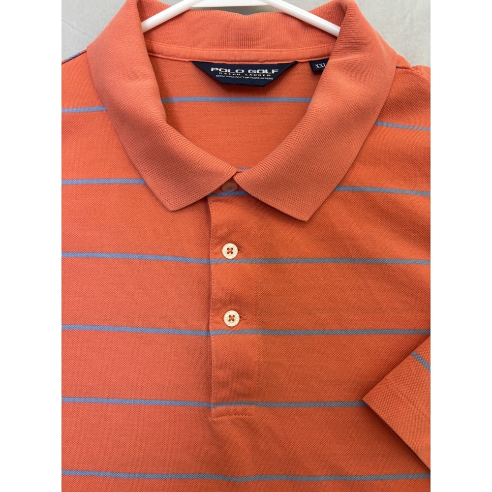 Polo Golf Ralph Lauren Performance Polo Mens XXL Orange/Blue Stripes Pima Cotton
